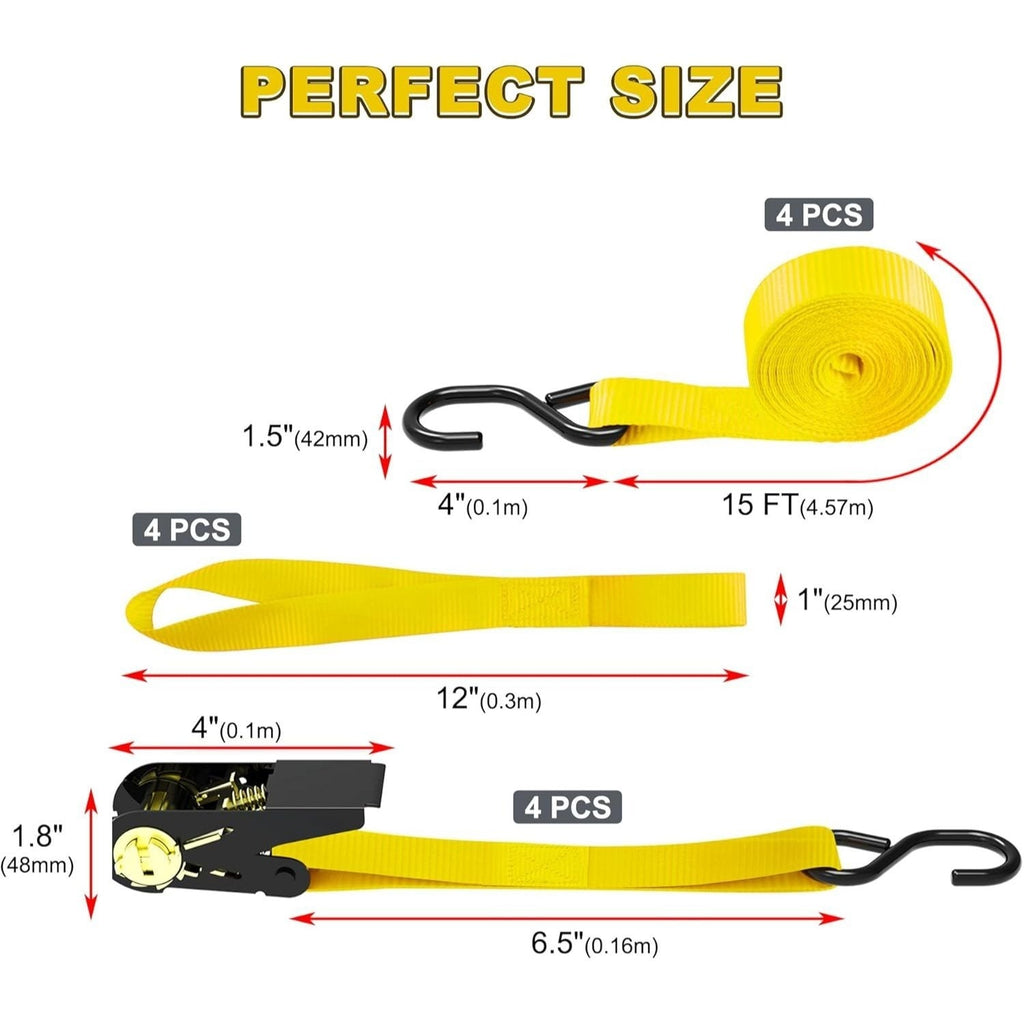 Ratchet Tie Down Straps 4-Pack 15FT 1, 500 lb Break Strength Heavy Duty with Soft Loops & Storage Bag – High-Visibility Webbi