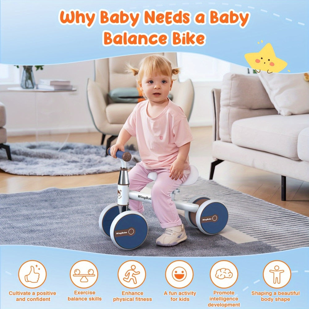 4 Wheel Balance Bike for Baby Toddlers 10-36 Months, First Bike with Adjustable Seat, 90° Steering Limit & Silent Anti-Slip T