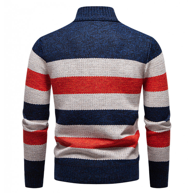 Mens Color-Block Stand-Up Collar Half-Zip Fleece-Lined Thermal Sweater