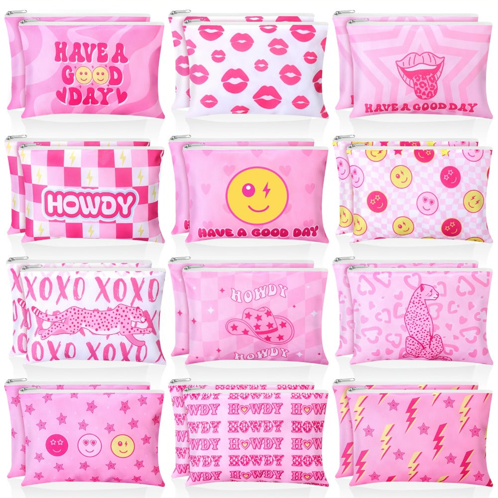 Bulk Cosmetic Bags 24-Pack Pink Howdy Western Zipper Makeup Pouches Party Favor Set for Women Girls Birthday Bachelorette Bri