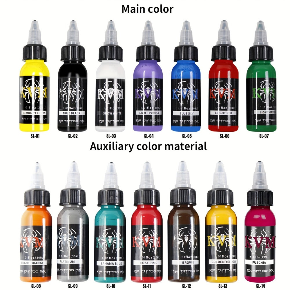 Tattoo Ink 7- or 14-Color Set with 1oz 30ml Bottles and Three Palette Configurations with Item-Specific Color, Capacity and B