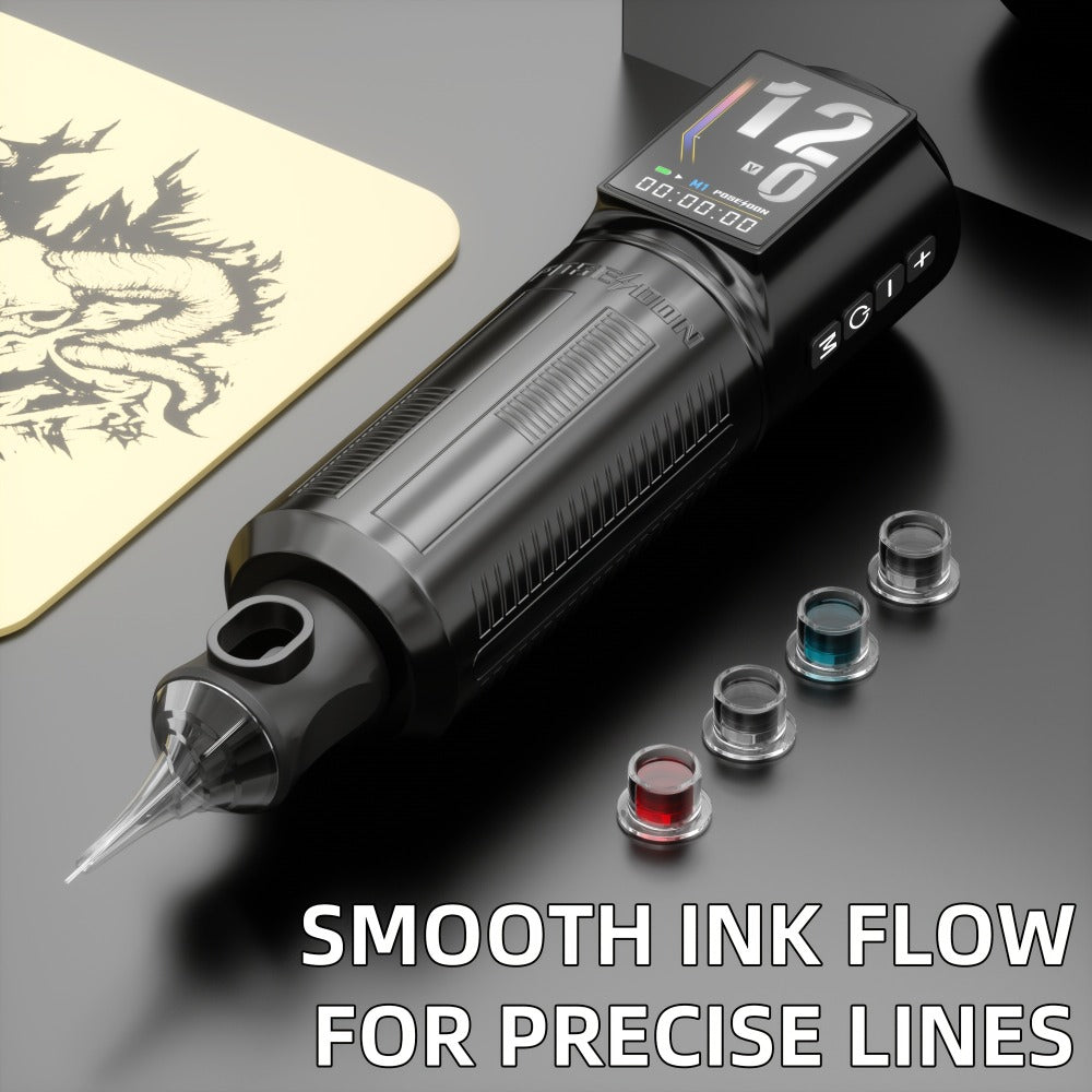 Tattoo Machine Kit POSEIDON BT29 Wireless Rotary Pen with LED Color Screen, 2300mAh Battery, 10 Cartridges and 11 Inks — imag