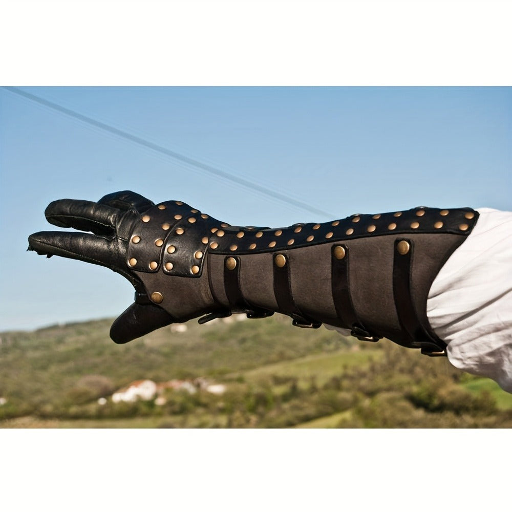 Riveted Costume Forearm Guard in Brown, Black or Coffee with Finger Loop and Buckled Strap Details — image 6