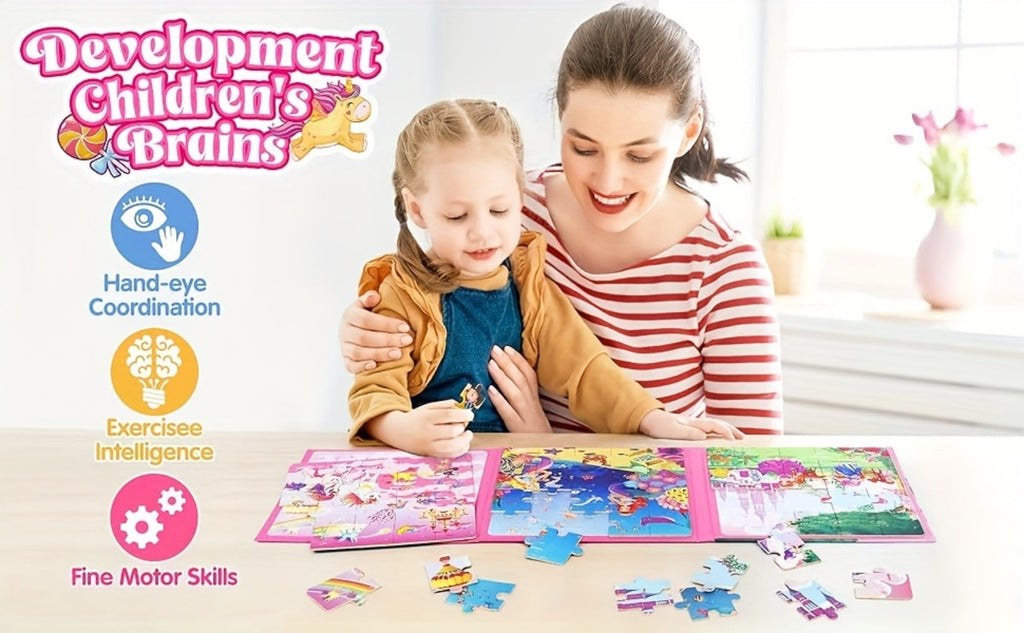Magnetic Puzzle Book for Girls 3 4 5 6, 3-in-1 Unicorn Mermaid Princess Travel Puzzles, 20 Pieces Folding Magnetic Jigsaw for