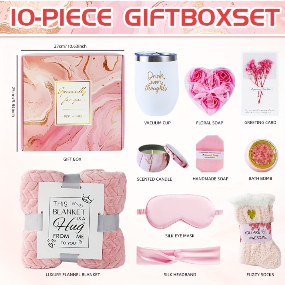 Luxury Spa Gift Set for Women 10-Piece Rose Scented Candles Bath Salt Balls Dried Flowers Eye Mask Soap Blanket Socks Hair Ri