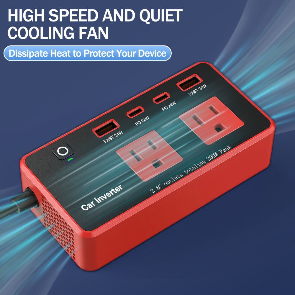Car Power Inverter 200W – 12V DC to 110V AC, 4 USB Ports (PD & QC 3.0), Fast Charging Car Outlet Adapter for Road Trips — ima