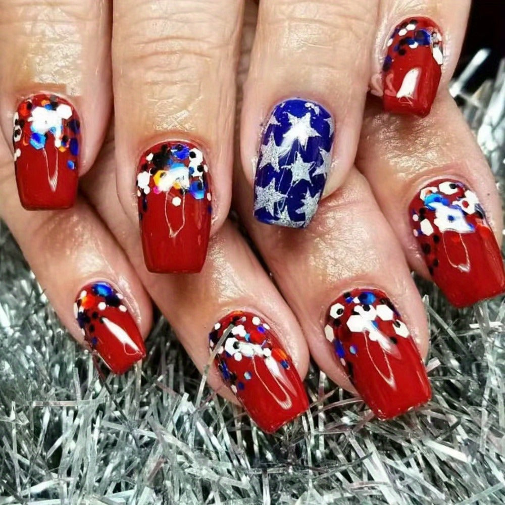 Press On Nails 216-Piece Medium Coffin Nine-Pack Red White Blue Stars and Stripes Patriotic Set — image 8