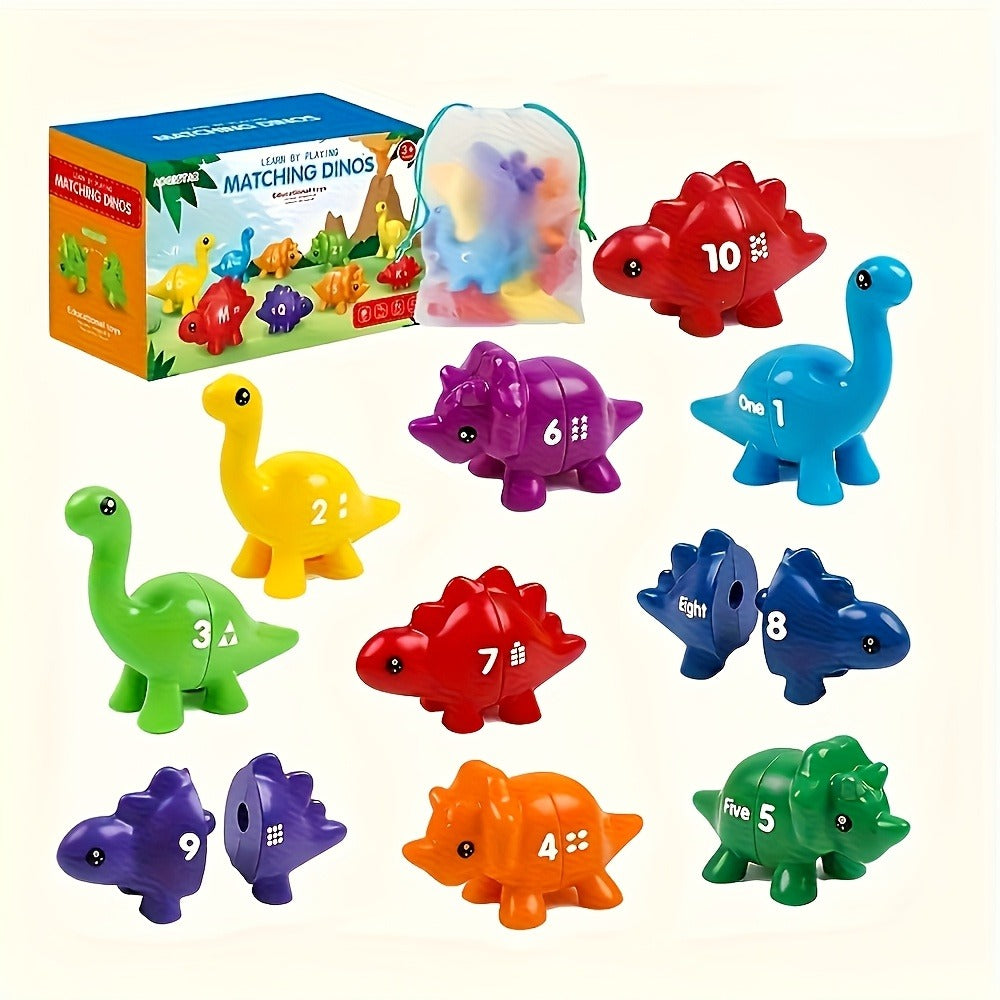 Dinosaur Number Matching Toy for Toddlers, 10 Pairs Retractable Plug-In Counting Sorting Math Game with Storage Bag — image 1