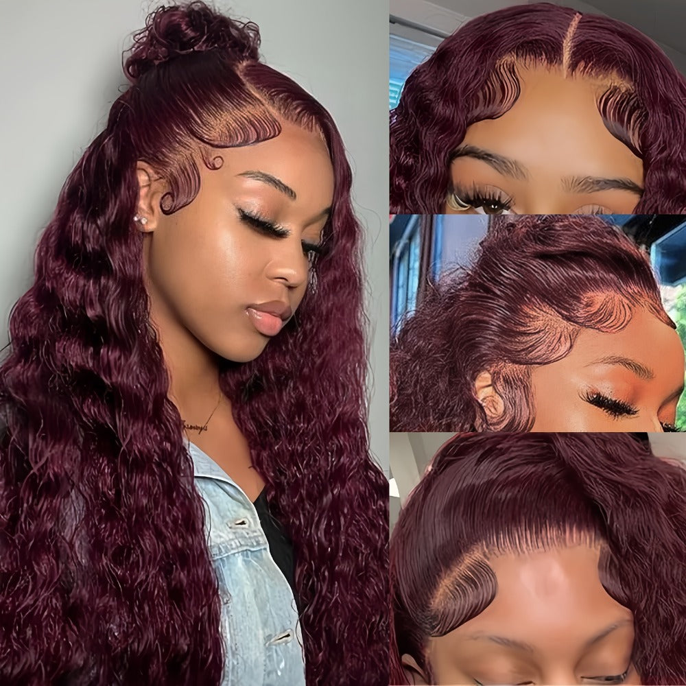 Lace Front Wig 99J Burgundy Deep Wave, 32-Inch Style with 200% Density, 13x4 Front and Four-Comb Cap — image 2