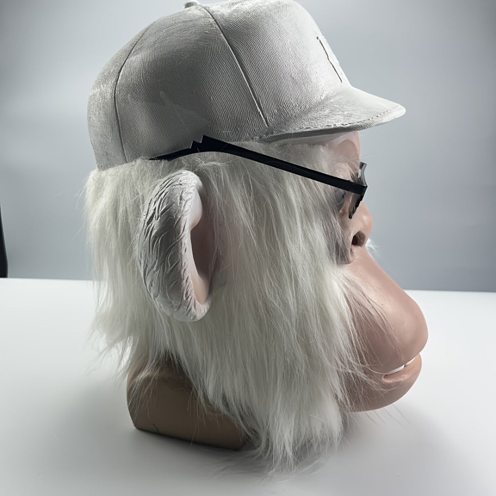 White-Haired Cartoon Ape Full-Head Costume Mask with White Cap and Pixel-Style Glasses in Two Face Styles — image 10