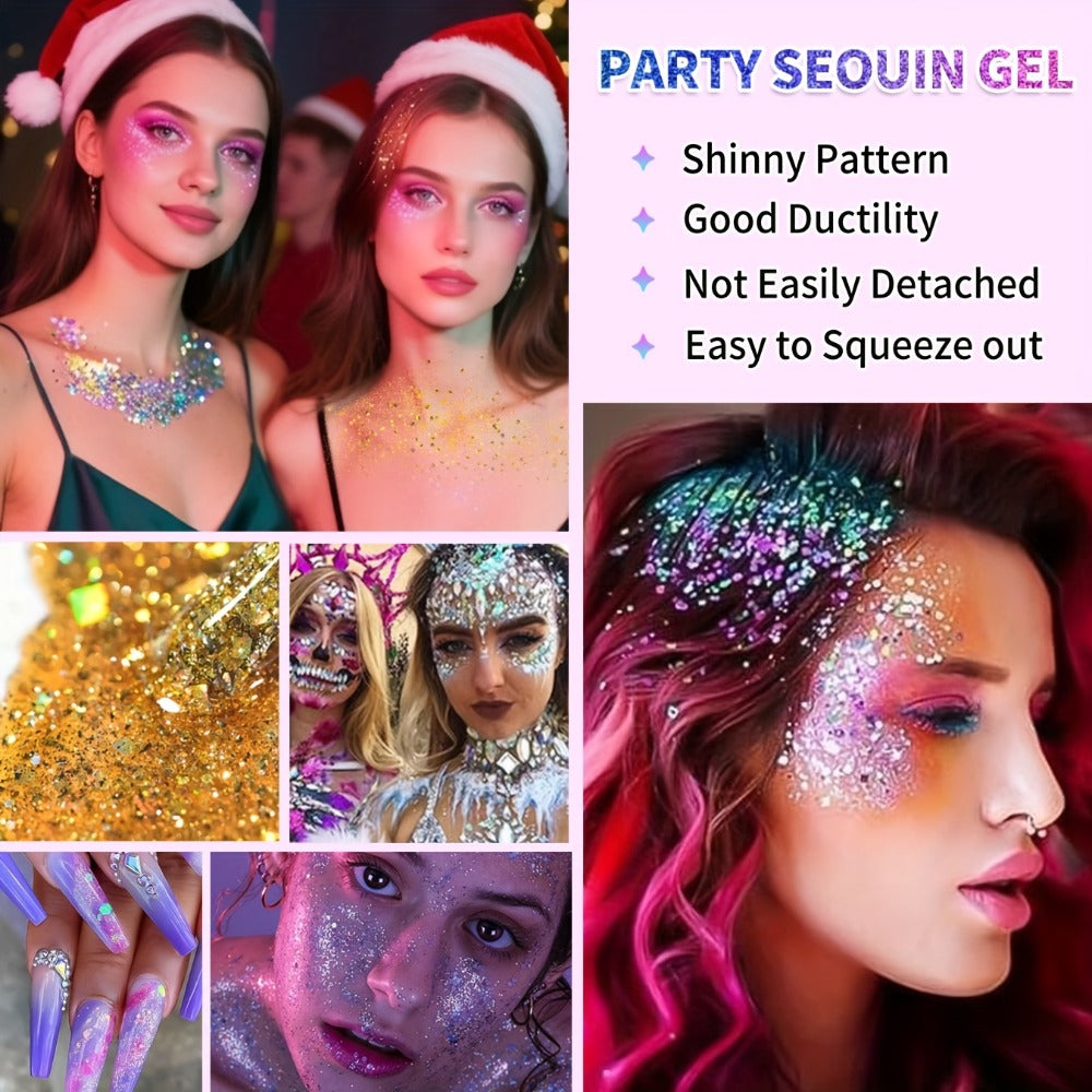 Face Body Glitter Gel Set 30 Pieces – Colorful Shapes Mermaid Sequin Stars Hearts, Transparent Gel Base, Skin-Safe Shimmer Ma