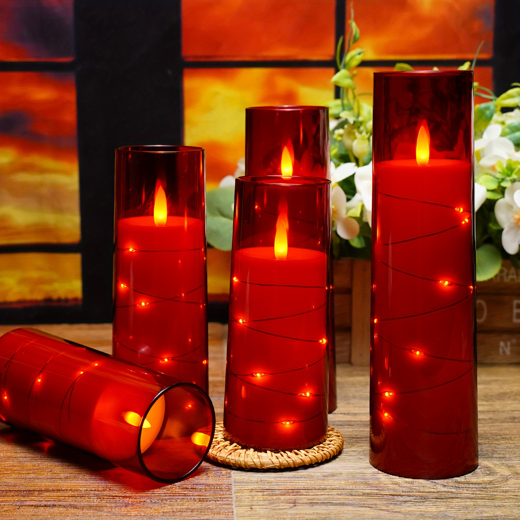 Flameless LED Candles with Remote Control Timer and Star String Lights Set of 5 or 7 Pillar Candles for Wedding Garden Home D