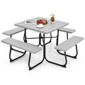 Outdoor Picnic Table 8-Person, Square HDPE Table with 4 Built-in Benches, Umbrella Hole, Metal Frame — image 2