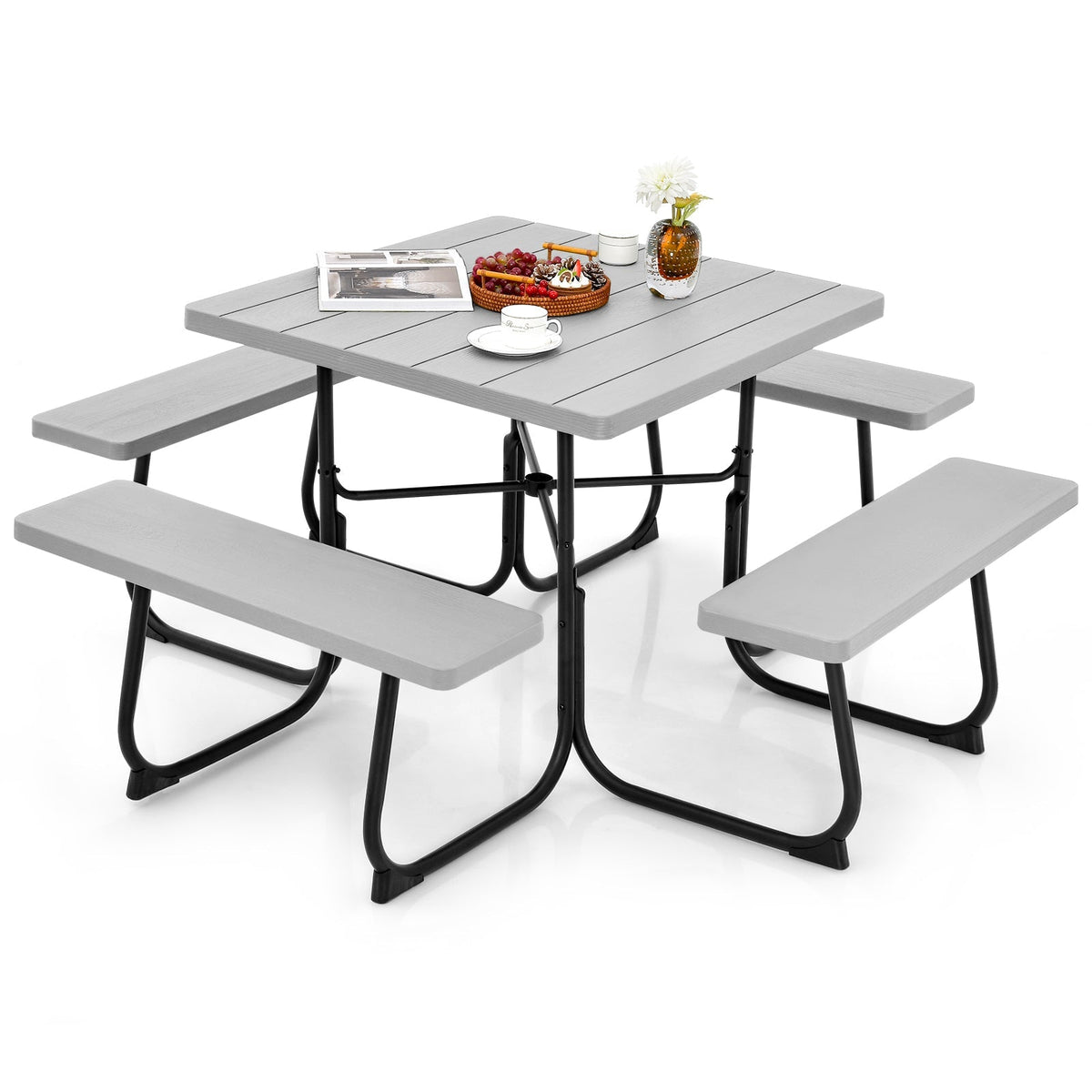 Outdoor Picnic Table 8-Person, Square HDPE Table with 4 Built-in Benches, Umbrella Hole, Metal Frame — image 2