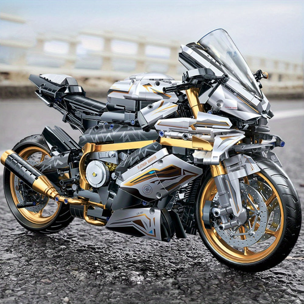 Motorcycle Building Blocks Model Kit 1:5 Scale 2000+ Pieces, Platinum Gold & White Collectible Brick Motorbike Display Set — 