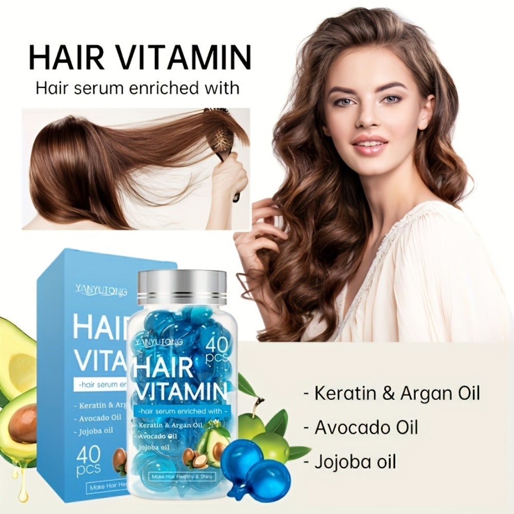 Hair Oil Capsules 40pcs – Keratin Hair Vitamin Essence with Moroccan Argan Oil, Avocado Oil & Jojoba Oil | No-Rinse Deep Nour