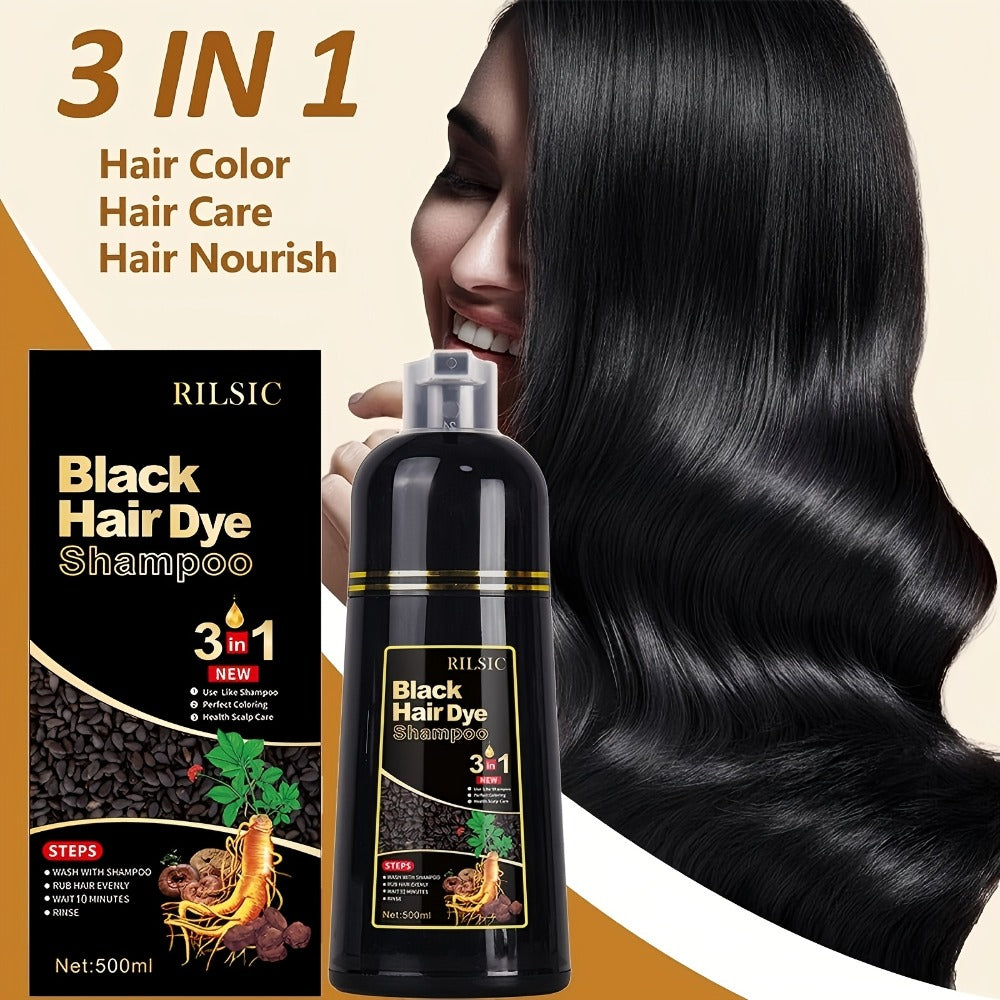 Hair Dye Shampoo, RILSIC 500ml Black 3-in-1 Single Bottle with Pump Dispenser for At-Home Color Application — image 2