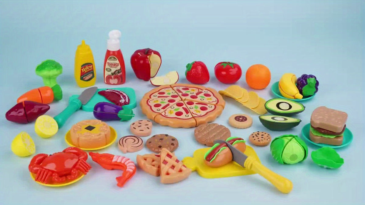 Pretend Play Food Set 85pcs, Cutting Toy Food with 2 Baskets, Pizza Veggies & Fruits, Play Kitchen Accessories for Toddlers —