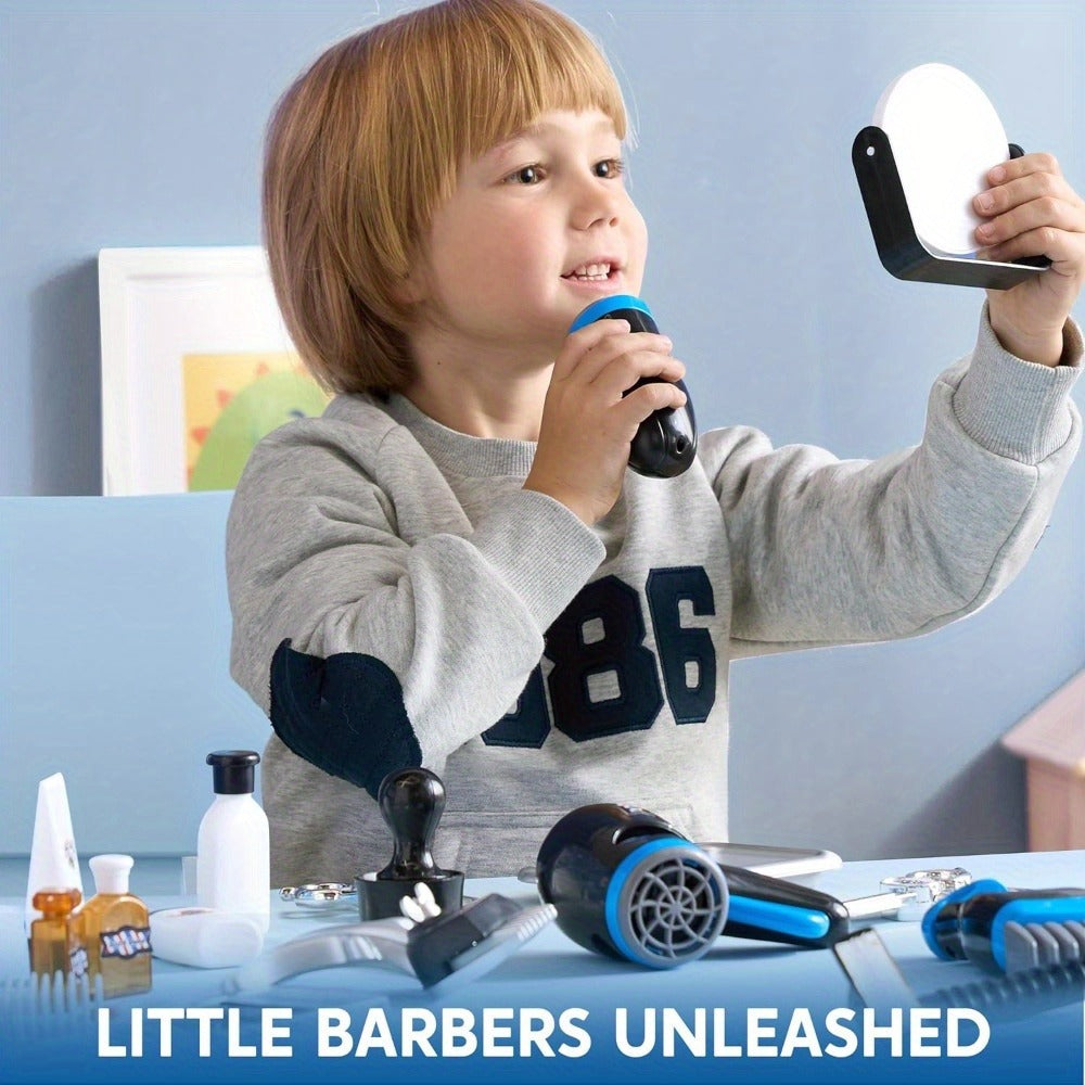 Kids Barbershop Pretend Play Kit 23pcs with Storage Box, Realistic Barber Role Play Toys with Shaver Scissors Hairdryer Comb 