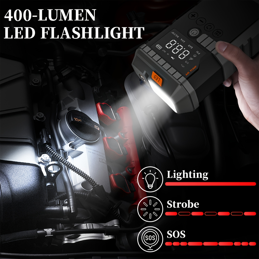 Jump Starter Power Bank 10000A 4-in-1 with 150 PSI Air Compressor LED Emergency Light USB Charging for Garden, Patio and Yard
