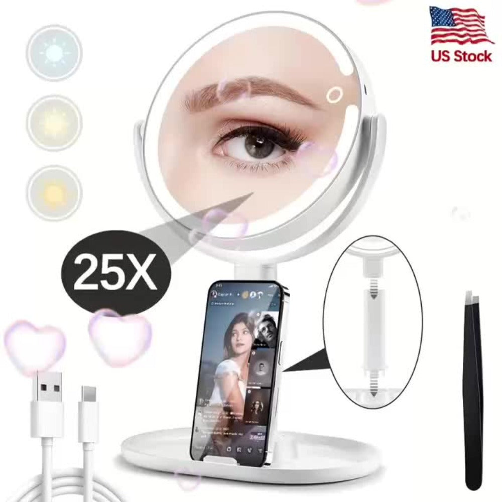 Makeup Mirror with Lights, 8-Inch Dual-Sided 1X and 25X with 80 LEDs, Three Light Colors, Touch Control and USB-C Charging — 