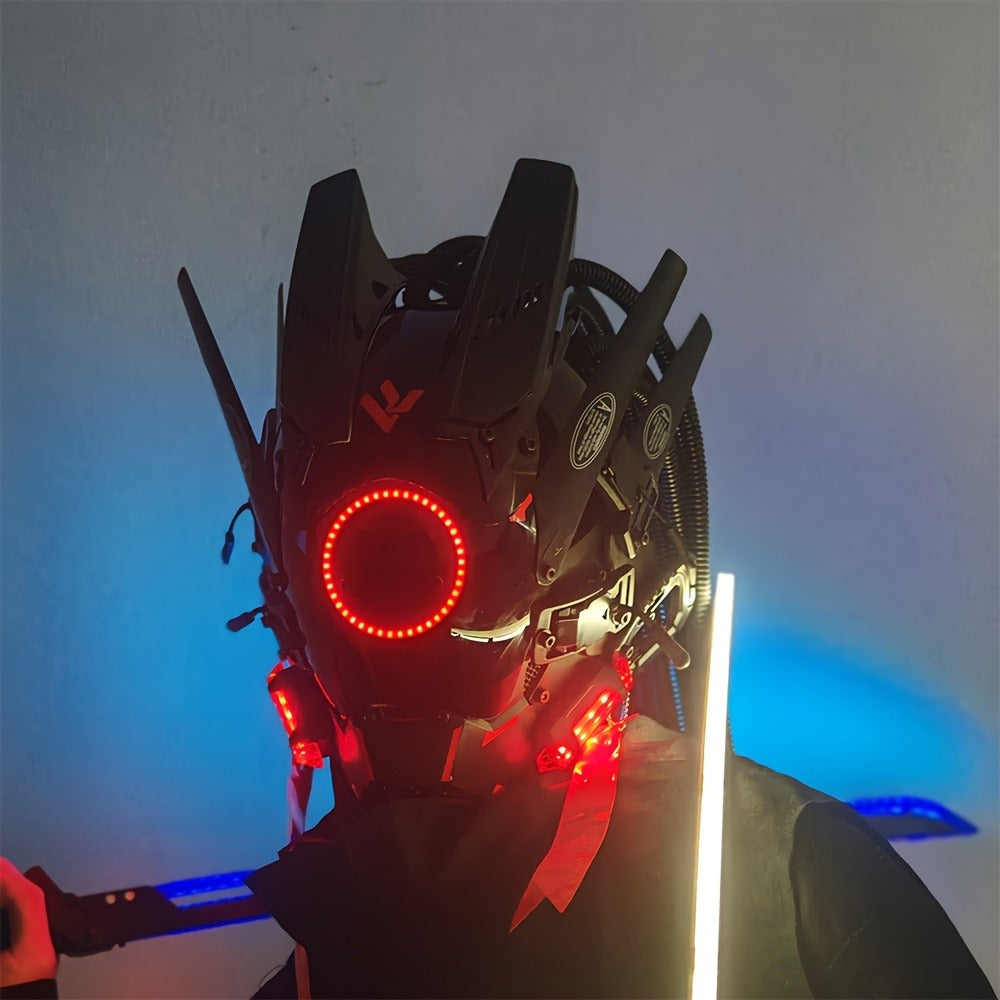LED Braided Cyberpunk Costume Helmet with Circular Face Light and Blue, Green or Pink Accent Styles — image 15