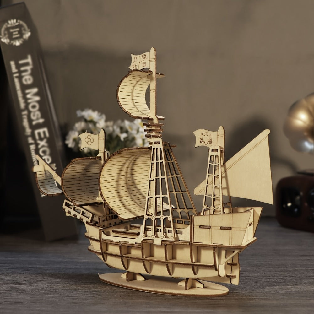Wooden Sailing Ship Model Kit with 57 Pieces, 20 cm Length and Ocean Design for Ages 14 Plus — image 2