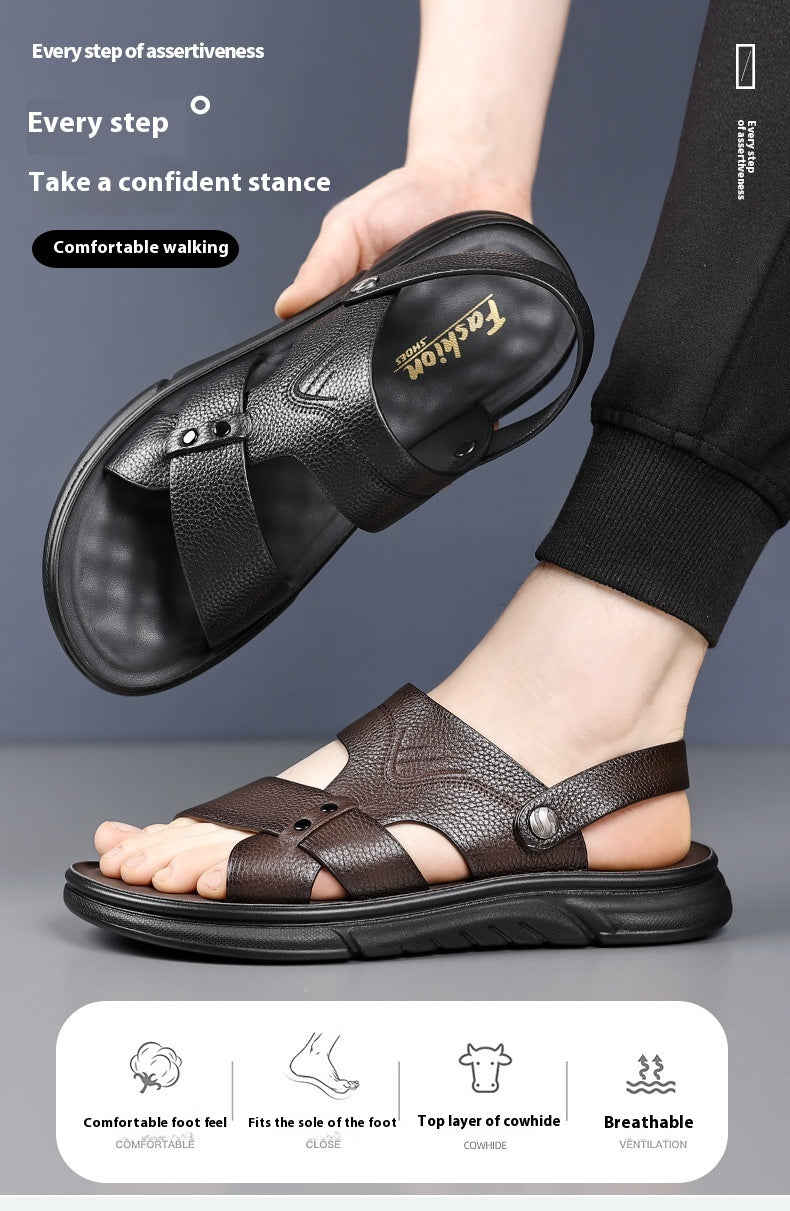 Men's Breathable Genuine Leather Beach Shoes Casual Soft Bottom Middle-aged And Elderly
