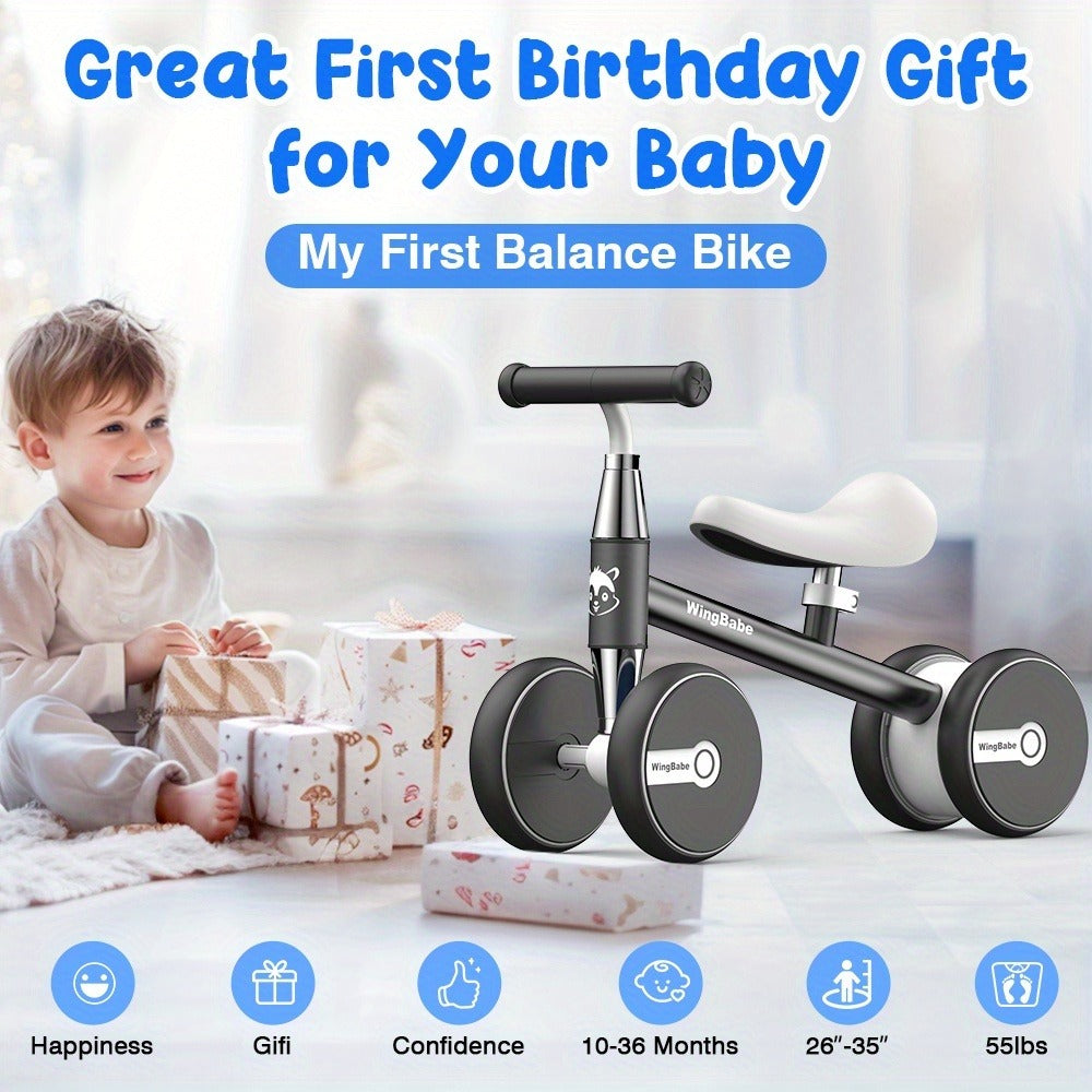4 Wheel Balance Bike for Baby Toddlers 10-36 Months, First Bike with Adjustable Seat, 90° Steering Limit & Silent Anti-Slip T