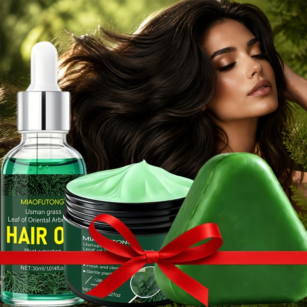 Three-Piece Usman Grass Hair Care Kit with 120g Triangular Shampoo Bar, Oil and Mask Formats — image 5