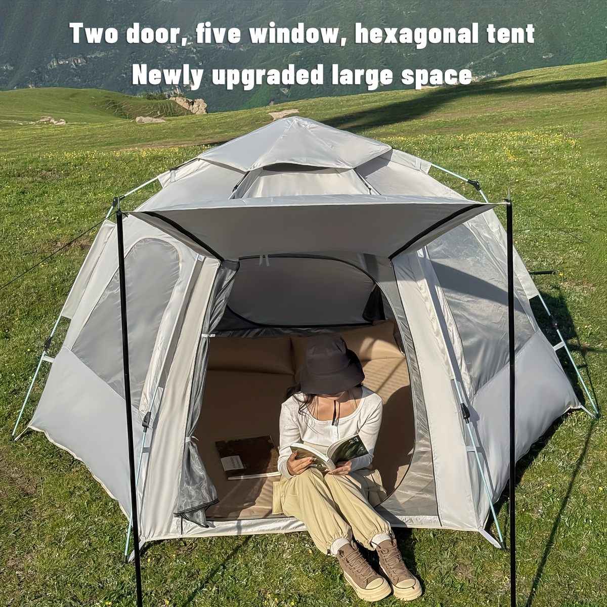 Camping Tent 4-6 Person Hexagonal Quick-Open Oxford Shelter with Vestibule and Included Stakes — image 2