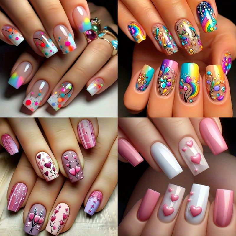 Press On Nails 96-Piece Almond Heart Glitter Four-Pack Set with Jelly Adhesive Tabs and Nail File — image 1