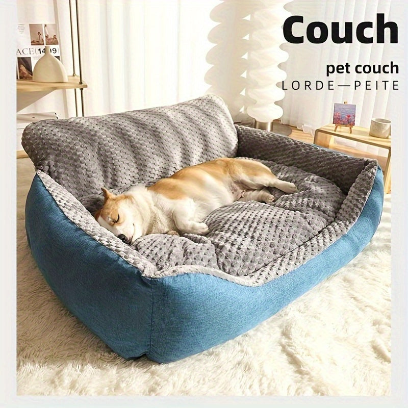 Blue-Gray Dog Bed Couch with Raised Back and Side Bolsters in Four Sizes, Plus One Random Cat Teaser — image 2