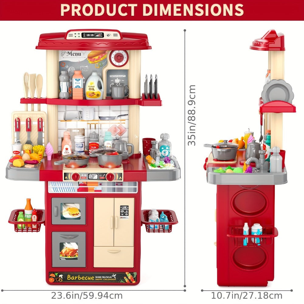 Play Kitchen Set with Lights Sounds & Spray, Toy Kitchen Playset with Oven Sink Fridge & Play Food for Kids Ages 3 4 5 6 7 8 