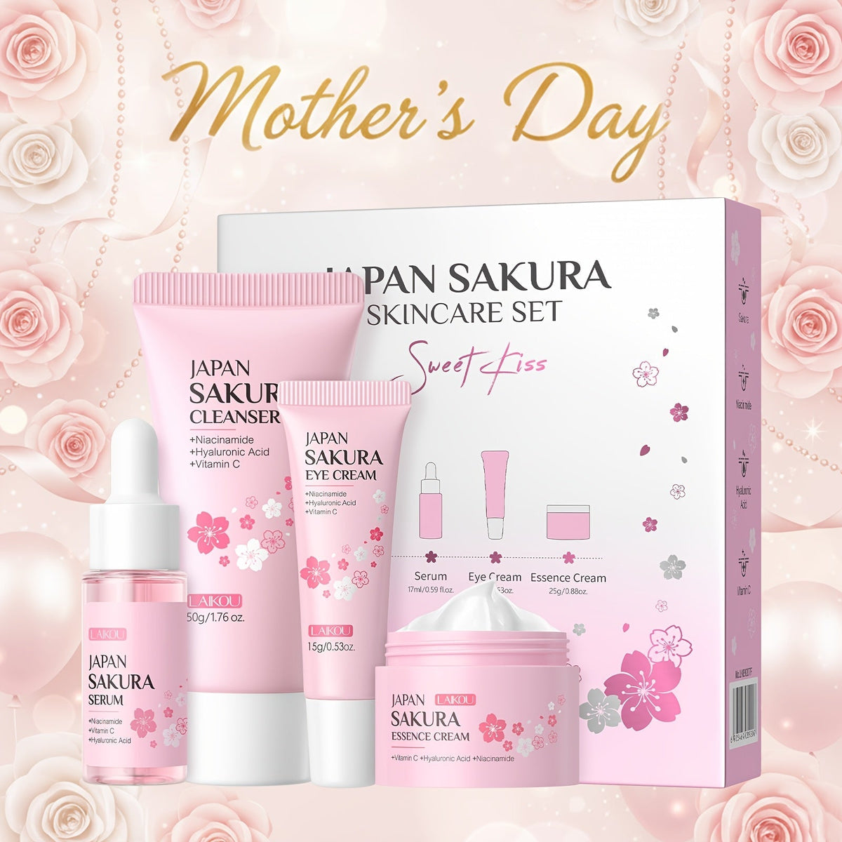 4-Piece Sakura Skincare Gift Set with Cleanser, Serum, Essence Cream and Eye Cream in Coordinated Pink Packaging — image 11