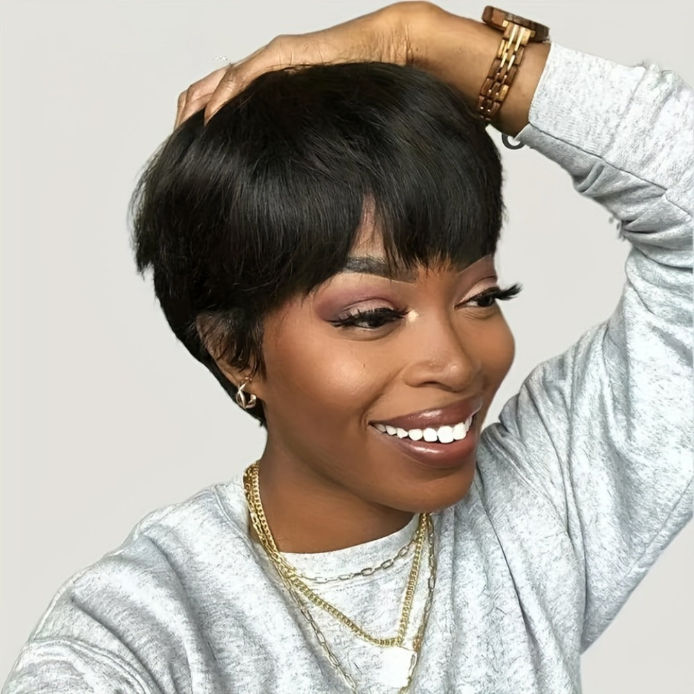 Straight Pixie Human Hair Wig with Bangs, Black 6-Inch Length and Approximately 22.5-Inch Cap — image 5