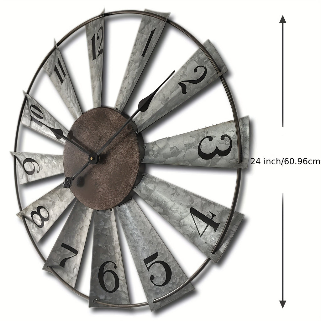 24-Inch Windmill-Style Metal Wall Clock with Galvanized-Look Silver Blades and Brown Analog Center — image 3