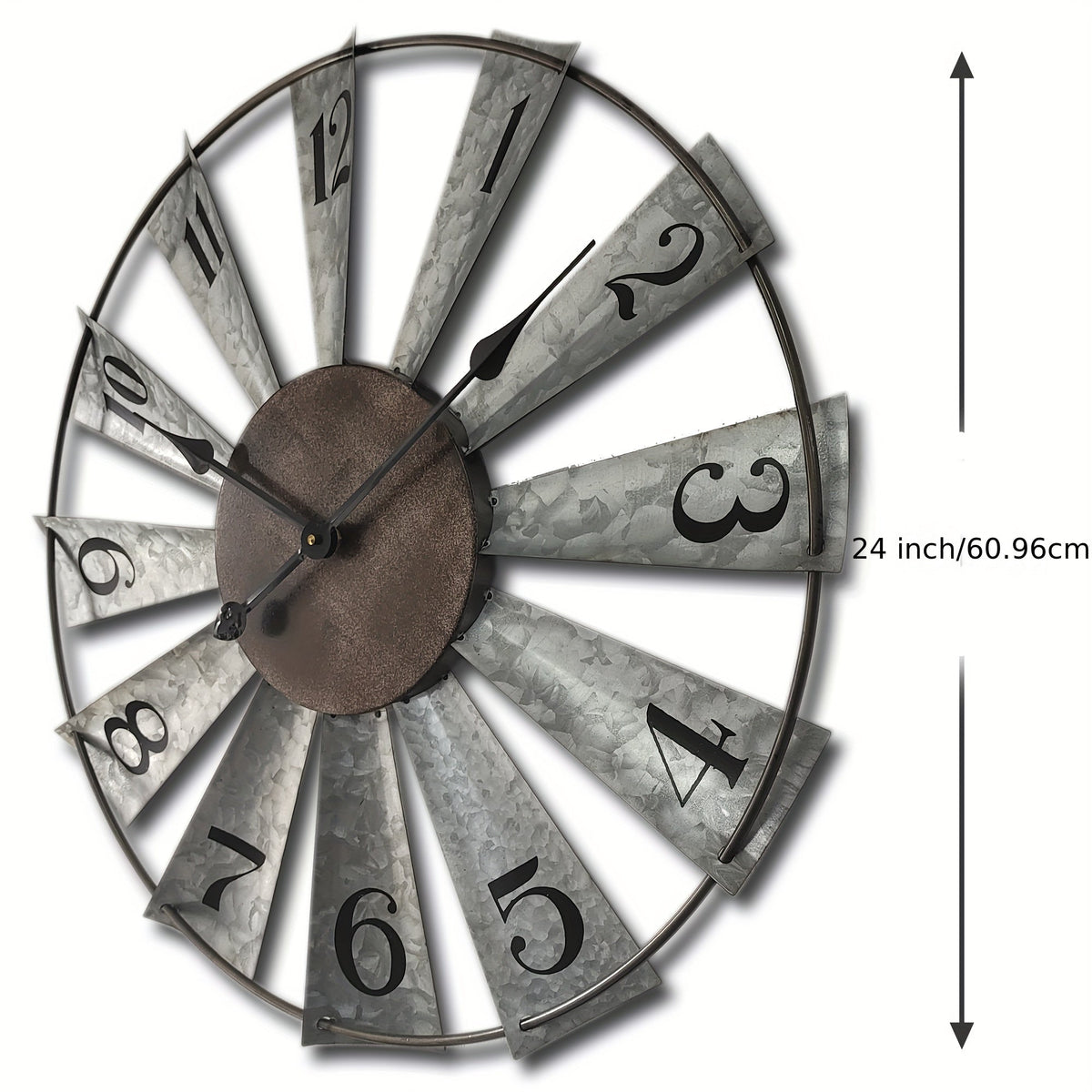 24-Inch Windmill-Style Metal Wall Clock with Galvanized-Look Silver Blades and Brown Analog Center — image 3