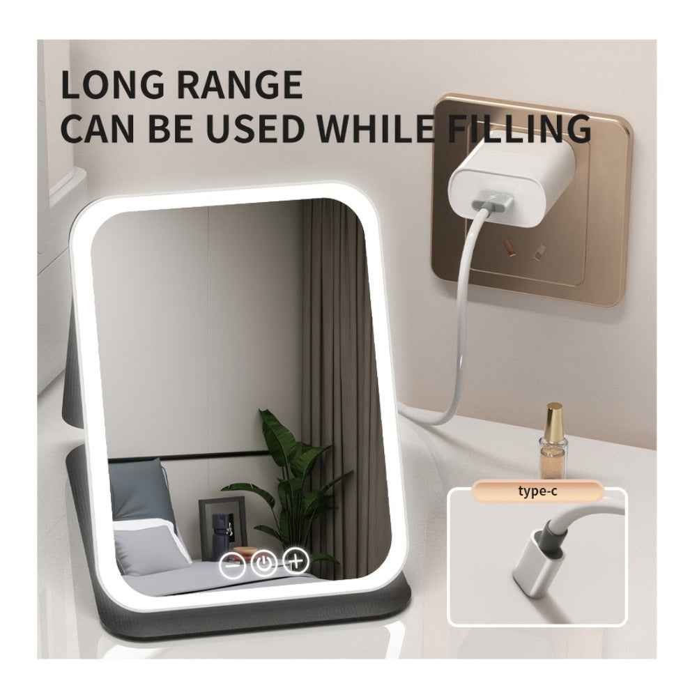 Makeup Mirror Foldable LED Travel Stand with Three Light Colors, Touch Dimming, USB Charging and Pink or White Options — imag