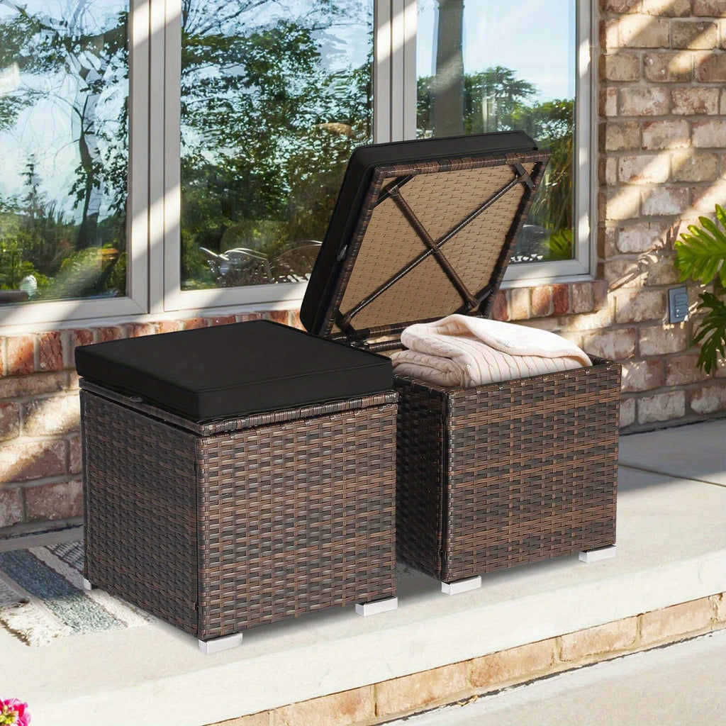 Outdoor Wicker Ottoman Set of 2 with Hidden Storage – PE Wicker Footstools with Detachable Cushions, Side Table & Extra Seati