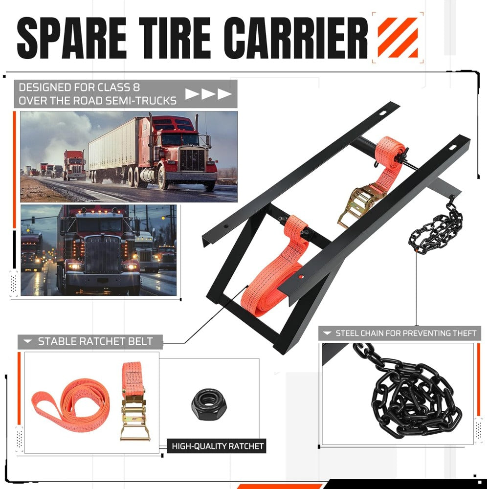 Semi Truck Spare Tire Carrier Rack Adjustable Steel Holder with Anti-Sway Chain & Ratchet Strap for Class 8 Semi-Trailers Ken