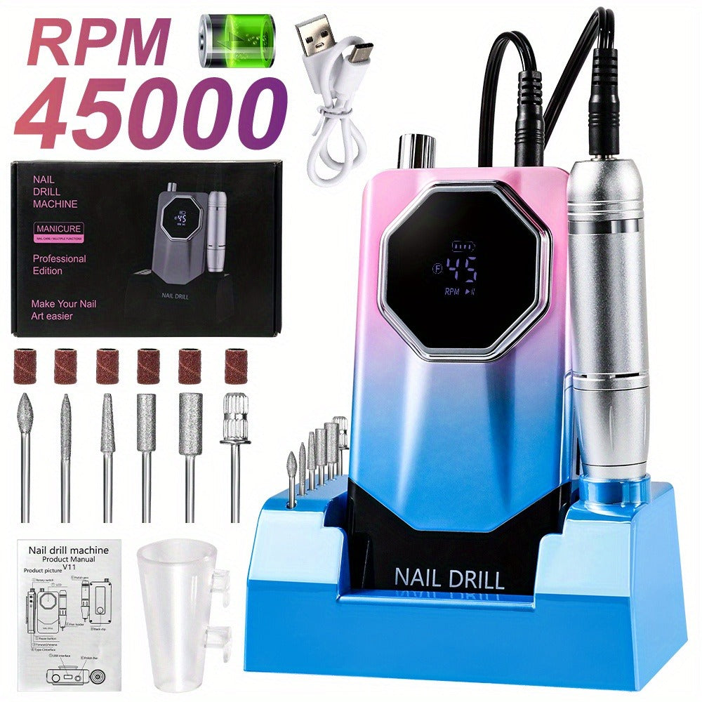 Electric Nail Drill 45000 RPM USB Rechargeable Kit with LCD, Forward Reverse and Three Finishes — image 1