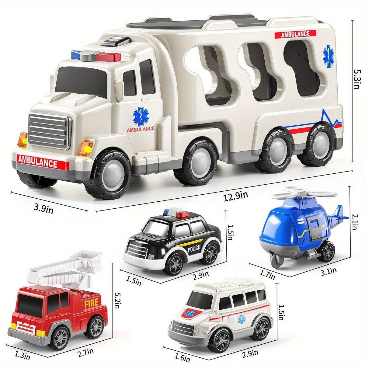 Ambulance Truck Toy 5-in-1 Carrier Set with Lights & Sounds, Friction Power Emergency Vehicle Playset for Kids Boys Ages 3+ —