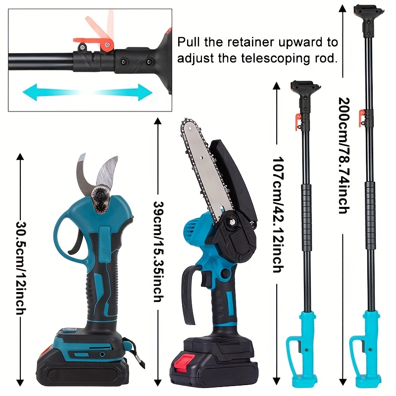 Pole Saw Set with Electric Chainsaw, 6-Inch Cordless Pruner, Long-Handle Scissor Kit, Safety Lock for Tree Pruning & Landscap