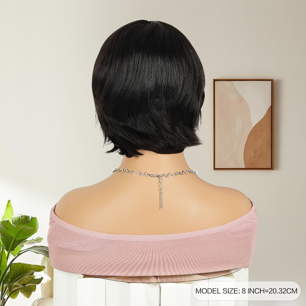 8-Inch Curly Pixie Bob Human Hair Wig in Black with Bangs, 150% Density and Machine-Made Cap — image 6