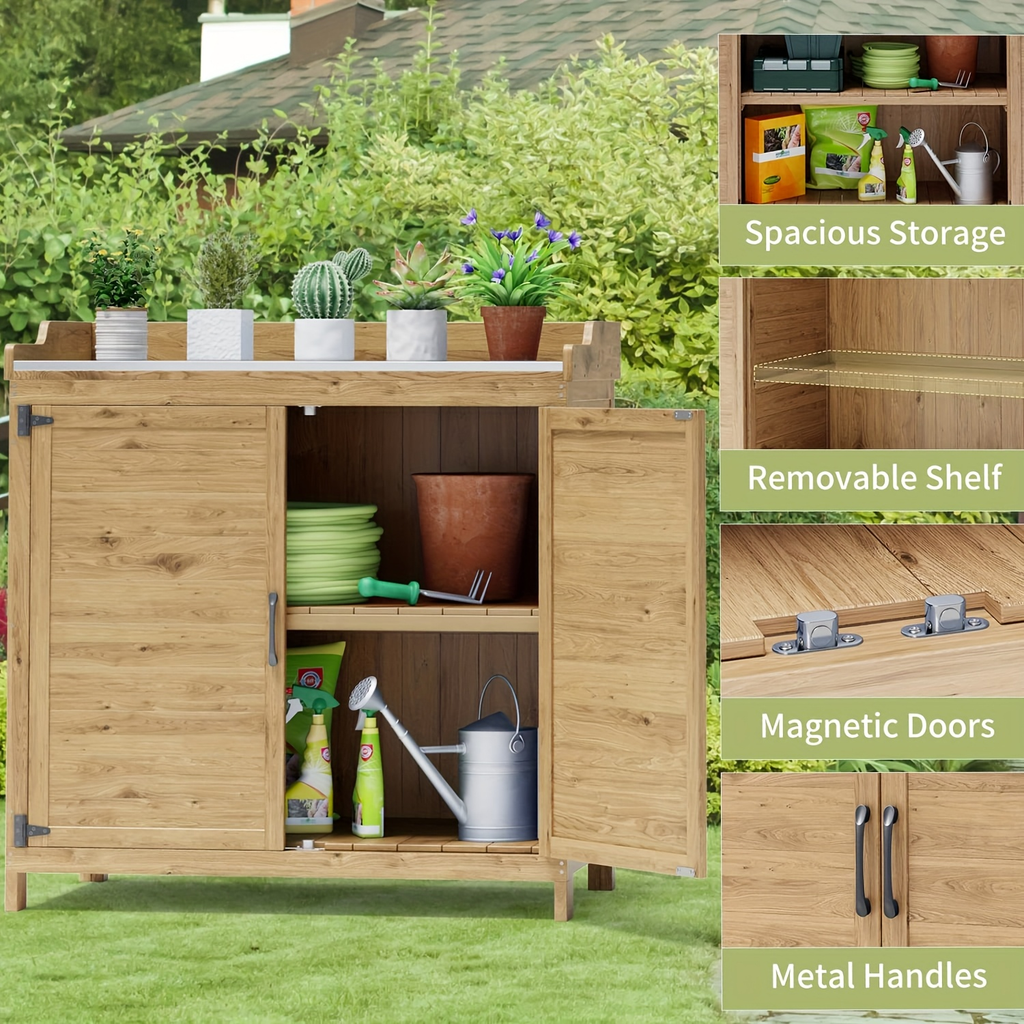 Potting Bench with Storage Cabinet, Outdoor Waterproof Wood Garden Shed Table with Removable Shelves & Doors — image 7