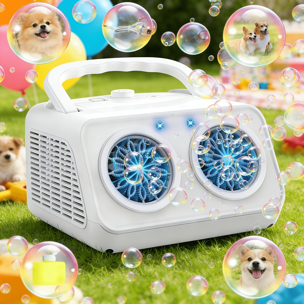 White Dual-Wheel Bubble Machine with Material Thickened Label, Handle, USB Port and Battery Compartment — image 2