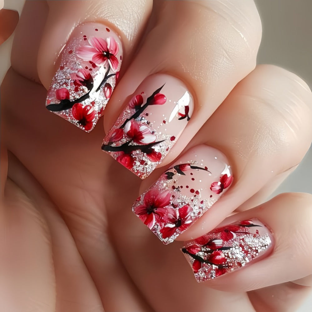 Press On Nails 120-Piece Medium Square Set with Glossy Floral and Striped Designs in Five Packs — image 8