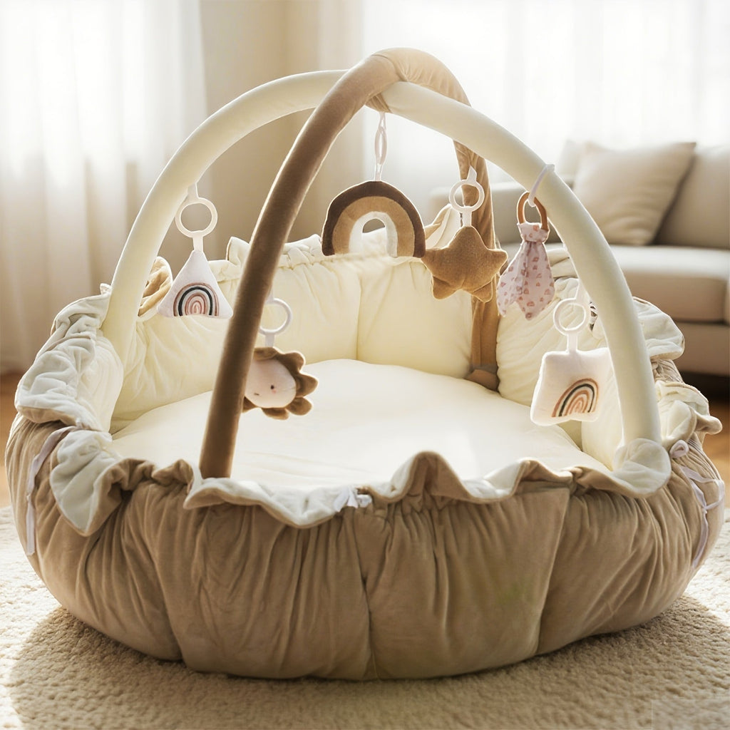 Convertible Round Pet Play Mat and Bed with Raised Sides, Removable Arches and Six Hanging Toys — image 13