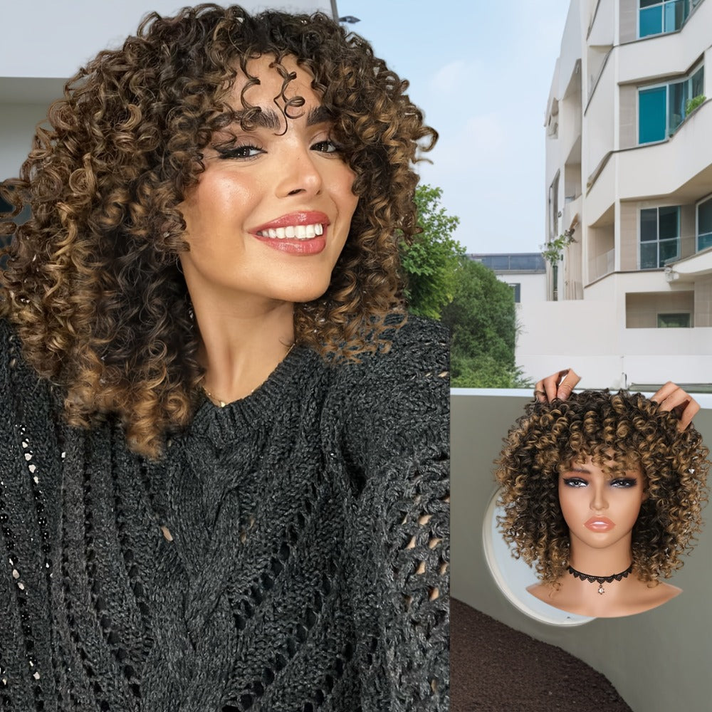 Synthetic Wig 14-Inch Kinky Curly Afro with Bangs, 180% Density and Stretch Net Cap for Daily Style — image 3